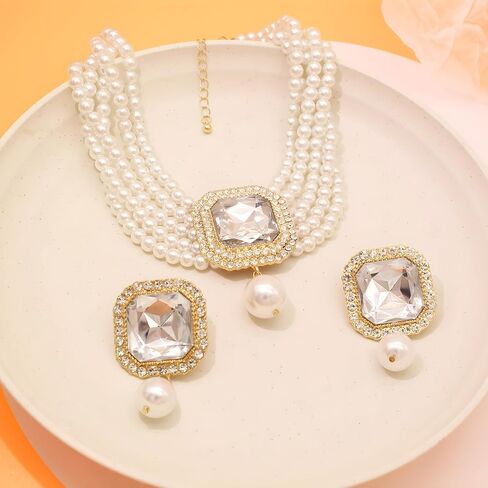 Pearl Choker Necklace for Women Gold Crystal Rhinestone Pearl Collar Statement Necklaces Earrings Bridal Pearls Diamond jewelry Set for Wedding in Saudi Arabia