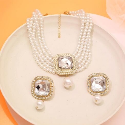 Pearl Choker Necklace for Women Gold Crystal Rhinestone Pearl Collar Statement Necklaces Earrings Bridal Pearls Diamond jewelry Set for Wedding in Saudi Arabia