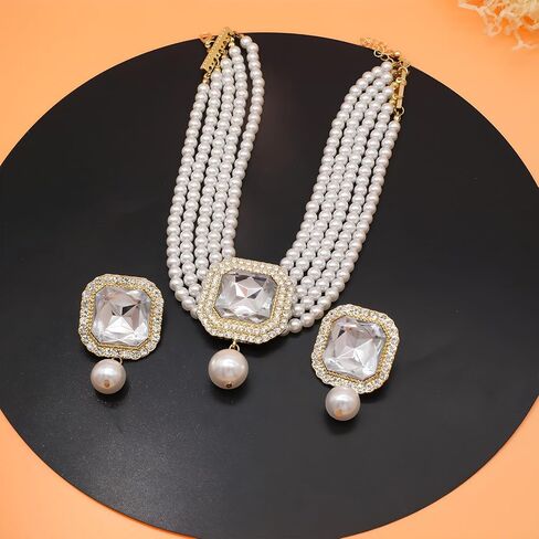 Pearl Choker Necklace for Women Gold Crystal Rhinestone Pearl Collar Statement Necklaces Earrings Bridal Pearls Diamond jewelry Set for Wedding in Saudi Arabia