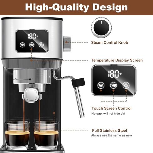 ماكينة تحضير الإسبريسو من Geek Chef، ماكينة صنع الإسبريسو 20 بار مع عصا بخار الحليب، ماكينة قهوة مدمجة مع الكابتشينو واللاتيه والتسخين السريع، من الفولاذ المقاوم للصدأ in Kuwait