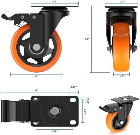 عجلات 5 بوصة مع فرامل أمان 4000 رطل، مجموعة عجلات شديدة التحمل مكونة من 6، عجلات دوارة صناعية مع محامل كروية مزدوجة، عجلات من البولي يوريثين لا تصدر ضوضاء للعربة والأثاث in Kuwait