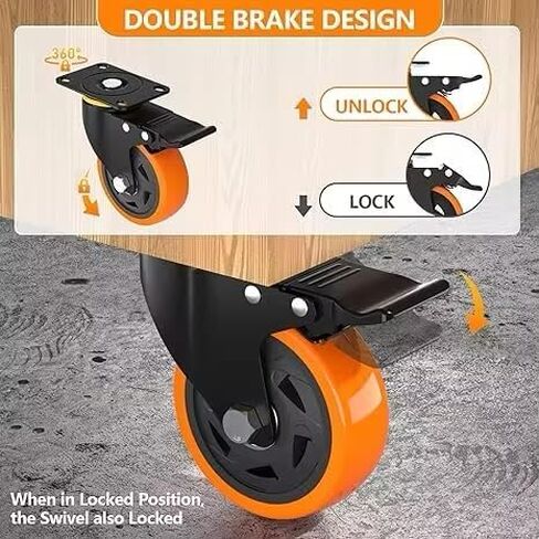 عجلات 5 بوصة مع فرامل أمان 4000 رطل، مجموعة عجلات شديدة التحمل مكونة من 6، عجلات دوارة صناعية مع محامل كروية مزدوجة، عجلات من البولي يوريثين لا تصدر ضوضاء للعربة والأثاث in Kuwait