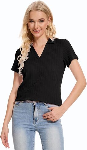 YuKaiChen Women's Polo Shirts Casual Summer Collared Tops Short Sleeve Knit Tops V Neck in Kuwait