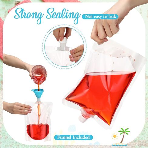 Patelai 300 Pieces Plastic Liquid Pouch Reusable Juice Pouches Travel Water Pouch Leak Proof Bags Bulk with Collapsible Silicone Funnel for Travel Outdoor (8 oz) in Saudi Arabia