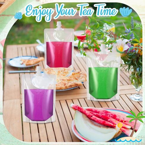 Patelai 300 Pieces Plastic Liquid Pouch Reusable Juice Pouches Travel Water Pouch Leak Proof Bags Bulk with Collapsible Silicone Funnel for Travel Outdoor (8 oz) in Saudi Arabia