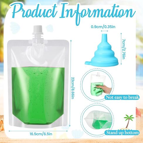 Patelai 300 Pieces Plastic Liquid Pouch Reusable Juice Pouches Travel Water Pouch Leak Proof Bags Bulk with Collapsible Silicone Funnel for Travel Outdoor (8 oz) in Saudi Arabia