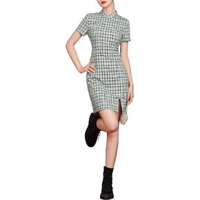 LAI MENG FIVE CATS Women's Vintage Chinese Cheongsam Print Short Sleeve Retro Side Slit Mini Dress in Kuwait