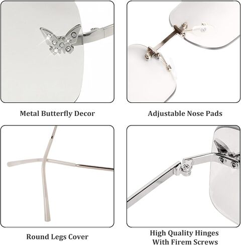 Rectangle Y2k Sunglasses for Women Cute Rimless Clear Frameless Tinted Lens 2000S Trendy Shades Butterfly Glasses in Kuwait