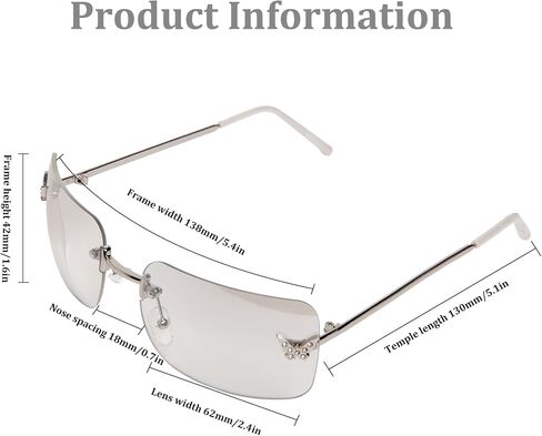 Rectangle Y2k Sunglasses for Women Cute Rimless Clear Frameless Tinted Lens 2000S Trendy Shades Butterfly Glasses in Kuwait