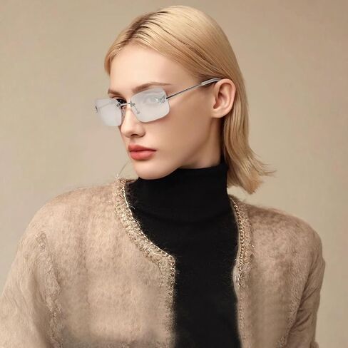 Rectangle Y2k Sunglasses for Women Cute Rimless Clear Frameless Tinted Lens 2000S Trendy Shades Butterfly Glasses in Kuwait
