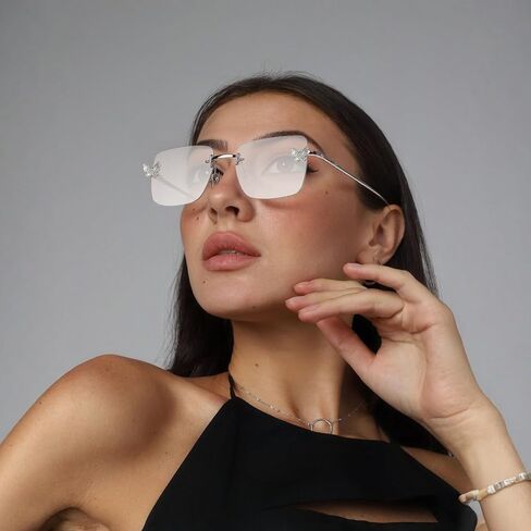 Rectangle Y2k Sunglasses for Women Cute Rimless Clear Frameless Tinted Lens 2000S Trendy Shades Butterfly Glasses in Kuwait
