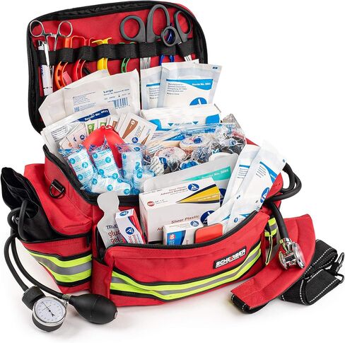 Scherber First Responder Fully-Stocked Professional Essentials EMT/EMS Trauma Kit | HSA/FSA Approved | Reflective Bag w/8 Zippered Pockets & Compartments & 200+ First Aid Supplies - Red in Kuwait