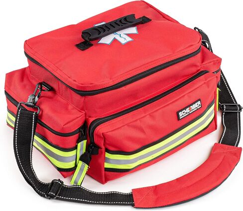 Scherber First Responder Fully-Stocked Professional Essentials EMT/EMS Trauma Kit | HSA/FSA Approved | Reflective Bag w/8 Zippered Pockets & Compartments & 200+ First Aid Supplies - Red in Kuwait
