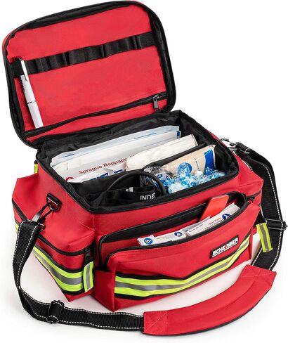 Scherber First Responder Fully-Stocked Professional Essentials EMT/EMS Trauma Kit | HSA/FSA Approved | Reflective Bag w/8 Zippered Pockets & Compartments & 200+ First Aid Supplies - Red in Kuwait