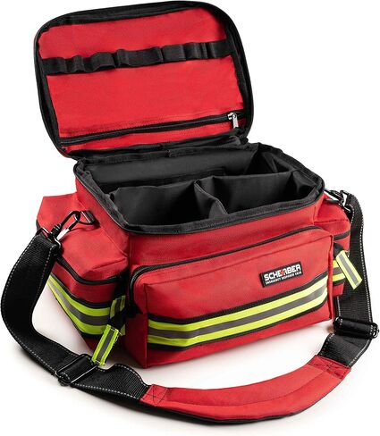 Scherber First Responder Fully-Stocked Professional Essentials EMT/EMS Trauma Kit | HSA/FSA Approved | Reflective Bag w/8 Zippered Pockets & Compartments & 200+ First Aid Supplies - Red in Kuwait