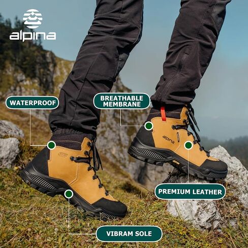 Alpina STADOR Premium Hiking Boots | Ankle High | Waterproof | Breathable Membrane | Vibram Sole | Slip Resistant | Made in Europe in Saudi Arabia