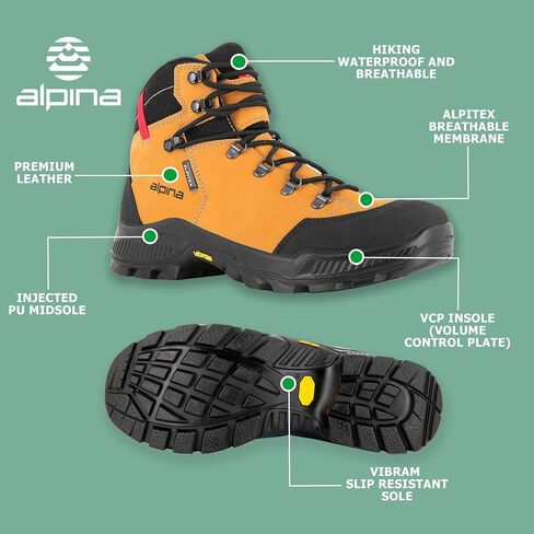 Alpina STADOR Premium Hiking Boots | Ankle High | Waterproof | Breathable Membrane | Vibram Sole | Slip Resistant | Made in Europe in Saudi Arabia