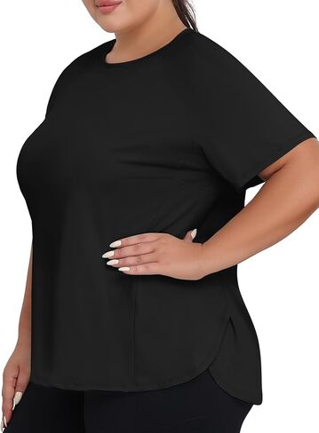 Cootry Plus Tops Size Oction Tops for Women Short Sleeve Thortic Thirts Treasable Running Yoga Gym Tee مع شقوق جانبية in Kuwait