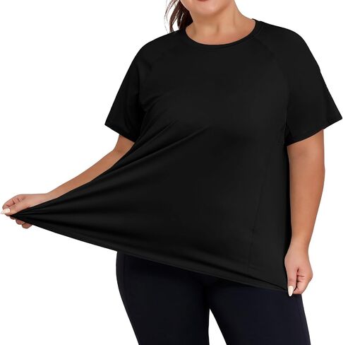 Cootry Plus Tops Size Oction Tops for Women Short Sleeve Thortic Thirts Treasable Running Yoga Gym Tee مع شقوق جانبية in Kuwait