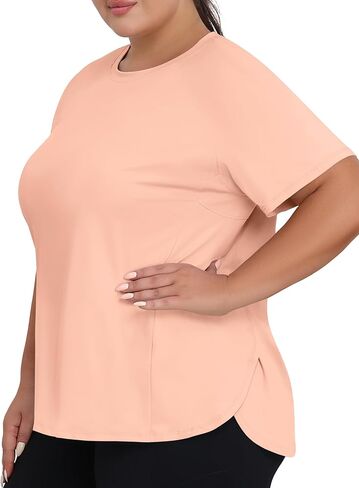 Cootry Plus Tops Size Oction Tops for Women Short Sleeve Thortic Thirts Treasable Running Yoga Gym Tee مع شقوق جانبية in Kuwait