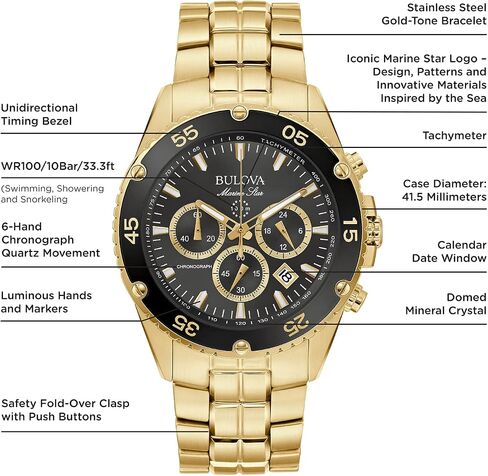 Bulova Men's Marine Star Gold Chronograph Stainless Steel Watch, Black Dial Style: 98B406 in Saudi Arabia