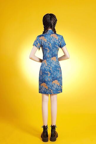 LAI MENG FIVE CATS Women's Vintage Chinese Cheongsam Print Short Sleeve Retro Side Slit Mini Dress in Saudi Arabia