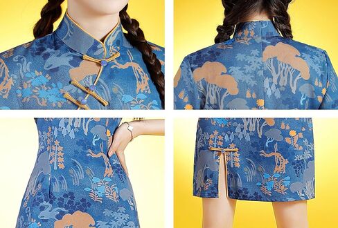 LAI MENG FIVE CATS Women's Vintage Chinese Cheongsam Print Short Sleeve Retro Side Slit Mini Dress in Saudi Arabia