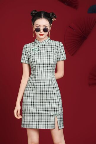 LAI MENG FIVE CATS Women's Vintage Chinese Cheongsam Print Short Sleeve Retro Side Slit Mini Dress in Kuwait