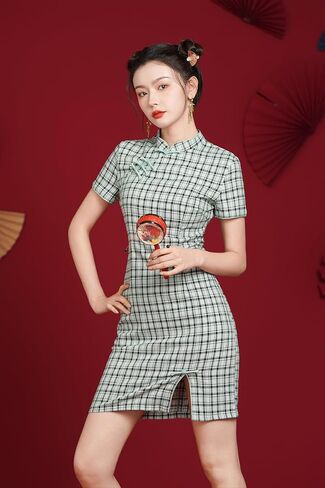 LAI MENG FIVE CATS Women's Vintage Chinese Cheongsam Print Short Sleeve Retro Side Slit Mini Dress in Kuwait
