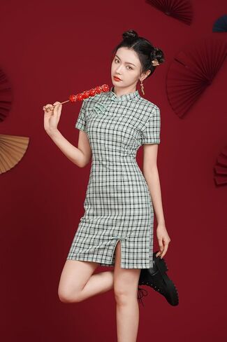 LAI MENG FIVE CATS Women's Vintage Chinese Cheongsam Print Short Sleeve Retro Side Slit Mini Dress in Kuwait
