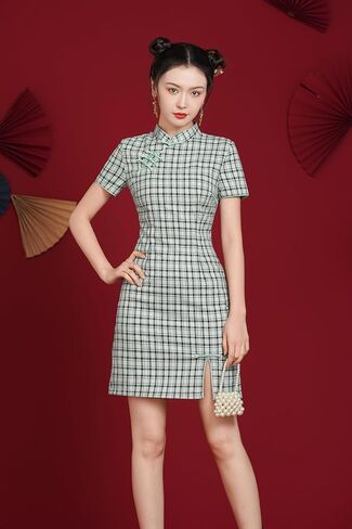 LAI MENG FIVE CATS Women's Vintage Chinese Cheongsam Print Short Sleeve Retro Side Slit Mini Dress in Kuwait