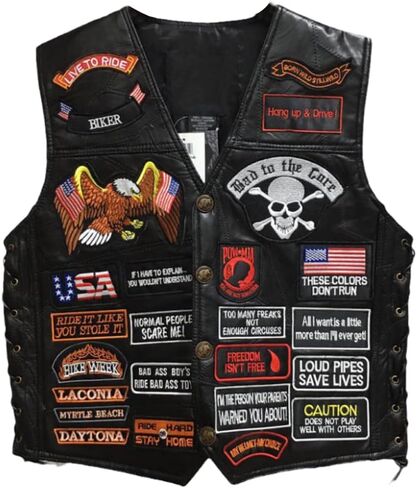 Men Leather Motorcycle Jacket Vest Plastered Embroidery Cool Patches Biker Vest in Saudi Arabia