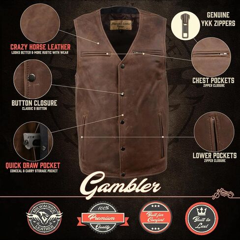 Milwaukee Leather Men's Premium Leather Classic V-Neck Motorcycle Rider Vest - X-Large in Saudi Arabia