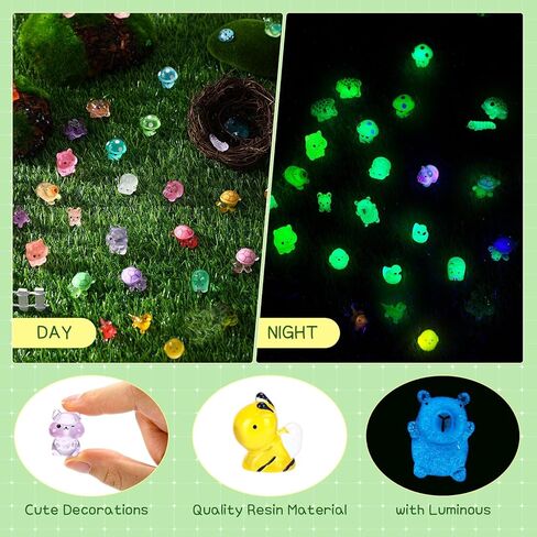 154 قطعة من تماثيل الراتنج الصغيرة المضيئة من Outus تتوهج في الظلام، حيوانات صغيرة، البط، الضفدع، الفطر، الخنزير، السحلية، حيوانات صغيرة متوهجة من أجل حديقة DIY، منظر طبيعي صغير، بيت الدمى، تزيين النباتات بوعاء in Kuwait