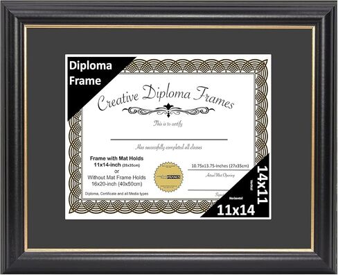 Creative Picture Frames 14" x 17" Rockefeller Black with Gold Rim Diploma Frame, Displays 14" x 17" Certificate or 16" x 20" Document without Mat, College Degree Frame, Full-Strength Glass, Black Mat in Saudi Arabia
