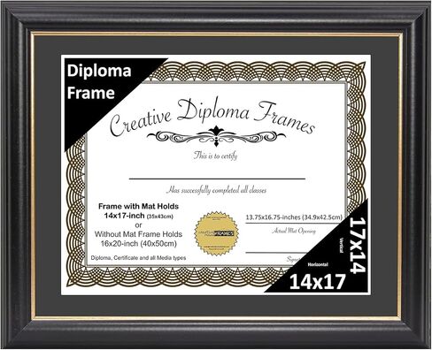 Creative Picture Frames 14" x 17" Rockefeller Black with Gold Rim Diploma Frame, Displays 14" x 17" Certificate or 16" x 20" Document without Mat, College Degree Frame, Full-Strength Glass, Black Mat in Saudi Arabia