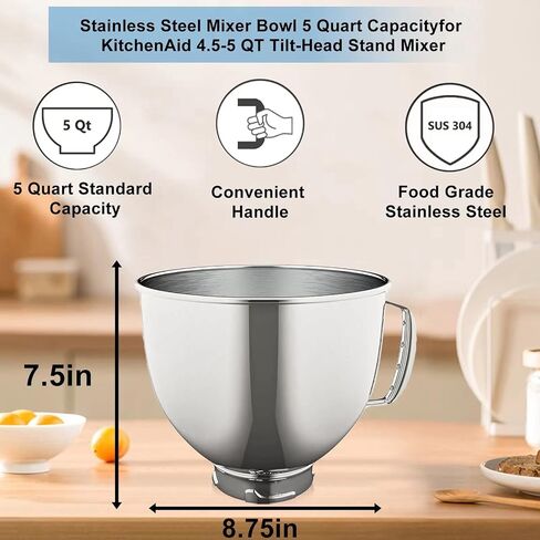 5.5 Quart Stainless Steel Mixer Bowl for KitchenAid Stand Mixers, Compatible with 4.5 & 5 QT KitchenAid Tilt-Head Mixers, KitchenAid Mixer Accessories, KitchenAid Replacement Bowl (5.5 QT) in Saudi Arabia