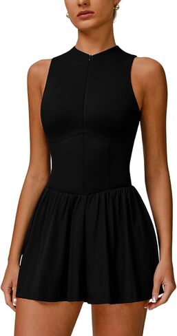 Abociw Womens zip الأمامية التنس اللباس العالي الرقبة بلا أكمام تجريب فساتين الجولف البناء في السراويل القصيرة مع جيوب in Saudi Arabia