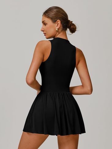 Abociw Womens zip الأمامية التنس اللباس العالي الرقبة بلا أكمام تجريب فساتين الجولف البناء في السراويل القصيرة مع جيوب in Saudi Arabia