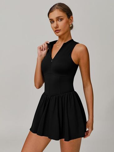 Abociw Womens zip الأمامية التنس اللباس العالي الرقبة بلا أكمام تجريب فساتين الجولف البناء في السراويل القصيرة مع جيوب in Saudi Arabia