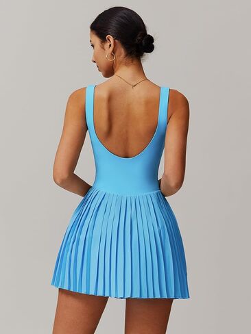 ABOCIW Womens Square Neck Tennis Dress Built in Shorts Pleated Backless Golf Athletic Dress with Pockets in Saudi Arabia