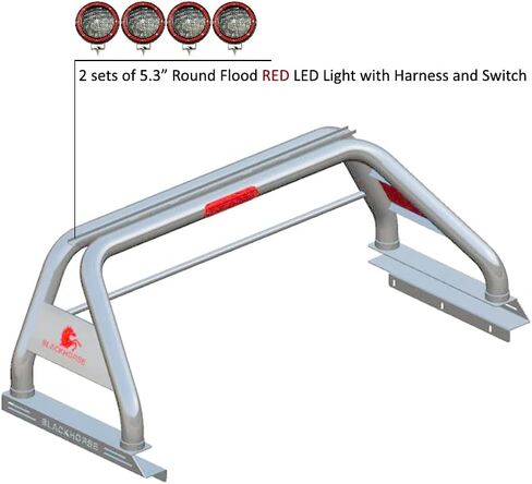 Black Horse Classic Roll Bar Incl. Set of 5.3" Dia.Led Lights w/Red Trim Rings Stainless Steel Compatible with 2020-2024 Jeep Gladiator-RB09SS-PLFR in Saudi Arabia