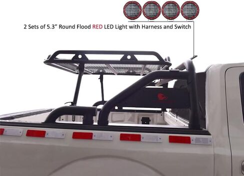 أسود هورس ووريور رول بار مدفوع. مجموعة من 5.3 "dia.led أضواء ، متوافقة مع 1/2 طن شاحنات (GM Silverado 14+/Ford F150 15+/Dodge Ram 15+) مع سلة شحن بالحجم الكامل (مع ضوء الفرامل الأحمر) in Kuwait