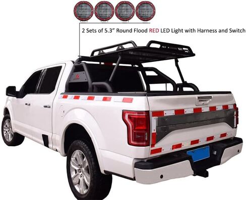 أسود هورس ووريور رول بار مدفوع. مجموعة من 5.3 "dia.led أضواء ، متوافقة مع 1/2 طن شاحنات (GM Silverado 14+/Ford F150 15+/Dodge Ram 15+) مع سلة شحن بالحجم الكامل (مع ضوء الفرامل الأحمر) in Kuwait