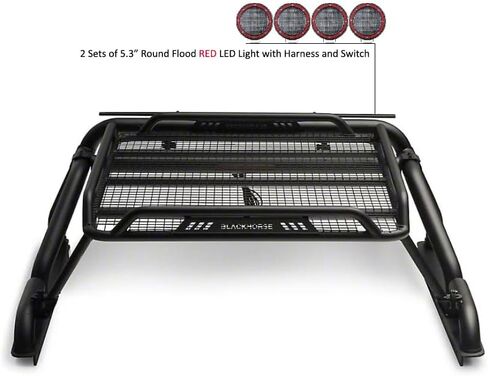 أسود هورس ووريور رول بار مدفوع. مجموعة من 5.3 "dia.led أضواء ، متوافقة مع 1/2 طن شاحنات (GM Silverado 14+/Ford F150 15+/Dodge Ram 15+) مع سلة شحن بالحجم الكامل (مع ضوء الفرامل الأحمر) in Kuwait
