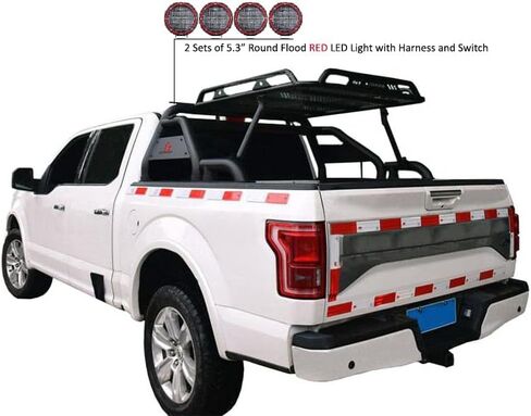 أسود هورس ووريور رول بار مدفوع. مجموعة من 5.3 "dia.led أضواء ، متوافقة مع 1/2 طن شاحنات (GM Silverado 14+/Ford F150 15+/Dodge Ram 15+) مع سلة شحن بالحجم الكامل (مع ضوء الفرامل الأحمر) in Kuwait