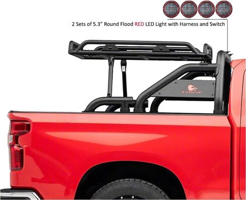 أسود هورس ووريور رول بار مدفوع. مجموعة من 5.3 "dia.led أضواء ، متوافقة مع 1/2 طن شاحنات (GM Silverado 14+/Ford F150 15+/Dodge Ram 15+) مع سلة شحن بالحجم الكامل (مع ضوء الفرامل الأحمر) in Kuwait