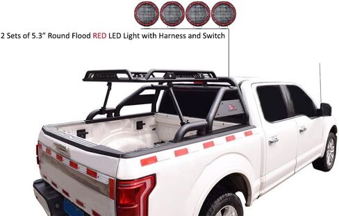 أسود هورس ووريور رول بار مدفوع. مجموعة من 5.3 "dia.led أضواء ، متوافقة مع 1/2 طن شاحنات (GM Silverado 14+/Ford F150 15+/Dodge Ram 15+) مع سلة شحن بالحجم الكامل (مع ضوء الفرامل الأحمر) in Kuwait