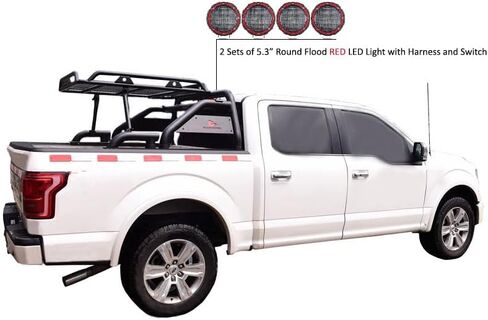 أسود هورس ووريور رول بار مدفوع. مجموعة من 5.3 "dia.led أضواء ، متوافقة مع 1/2 طن شاحنات (GM Silverado 14+/Ford F150 15+/Dodge Ram 15+) مع سلة شحن بالحجم الكامل (مع ضوء الفرامل الأحمر) in Kuwait