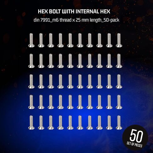 مسمار برأس غاطس بمقبس مسدس بقطارة DIN 7991 - A2 من الفولاذ المقاوم للصدأ - نقل عزم دوران عالٍ، لمسة نهائية من الفولاذ الطبيعي - خيط M6 × طول 25 مم - مجموعة من 50 قطعة in Kuwait